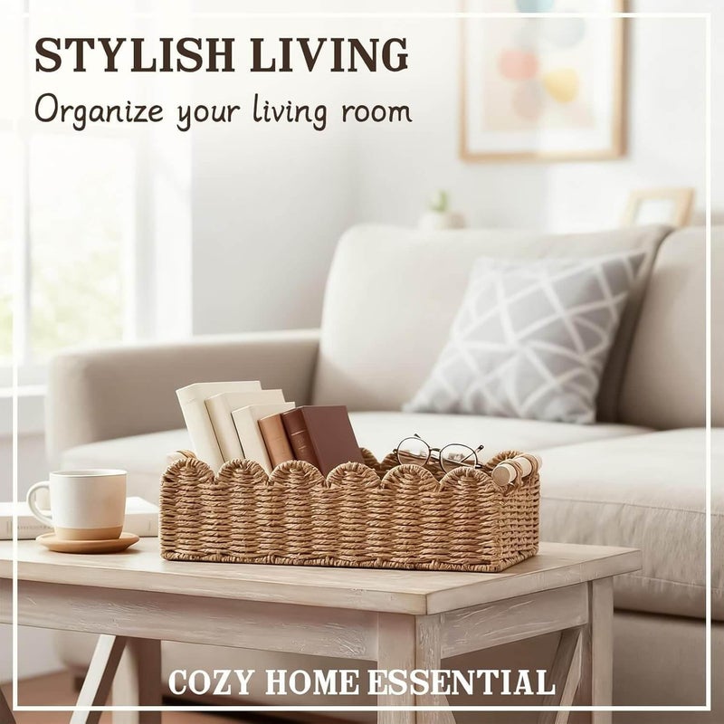 CubesLand Scalloped Decor Basket for Living Room, Home, Bathroom, 2SAME SIZE Paper Rope Basket, Toilet Storage Baskets for Over Toilet Storage Shelf, Cute Woven Basket Both Storage&Decor, Neutral - Image 3
